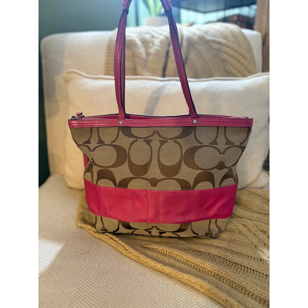 Coach Signature Stripe Tote Signature "C" Khaki and Pink F13548